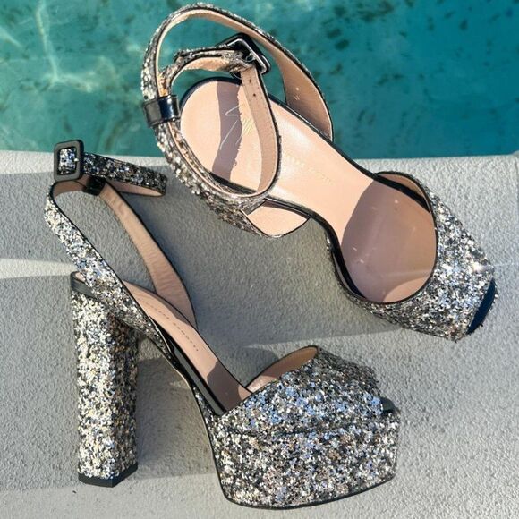 GIUSEPPE ZANOTTI Lavinia Glitter Leather Platform Heeled Sandals Size IT37.5 - Picture 3 of 16